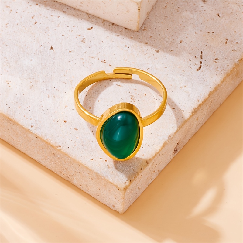 Green Gemstone Stainless Steel Ring - Versatile Women's Jewelry